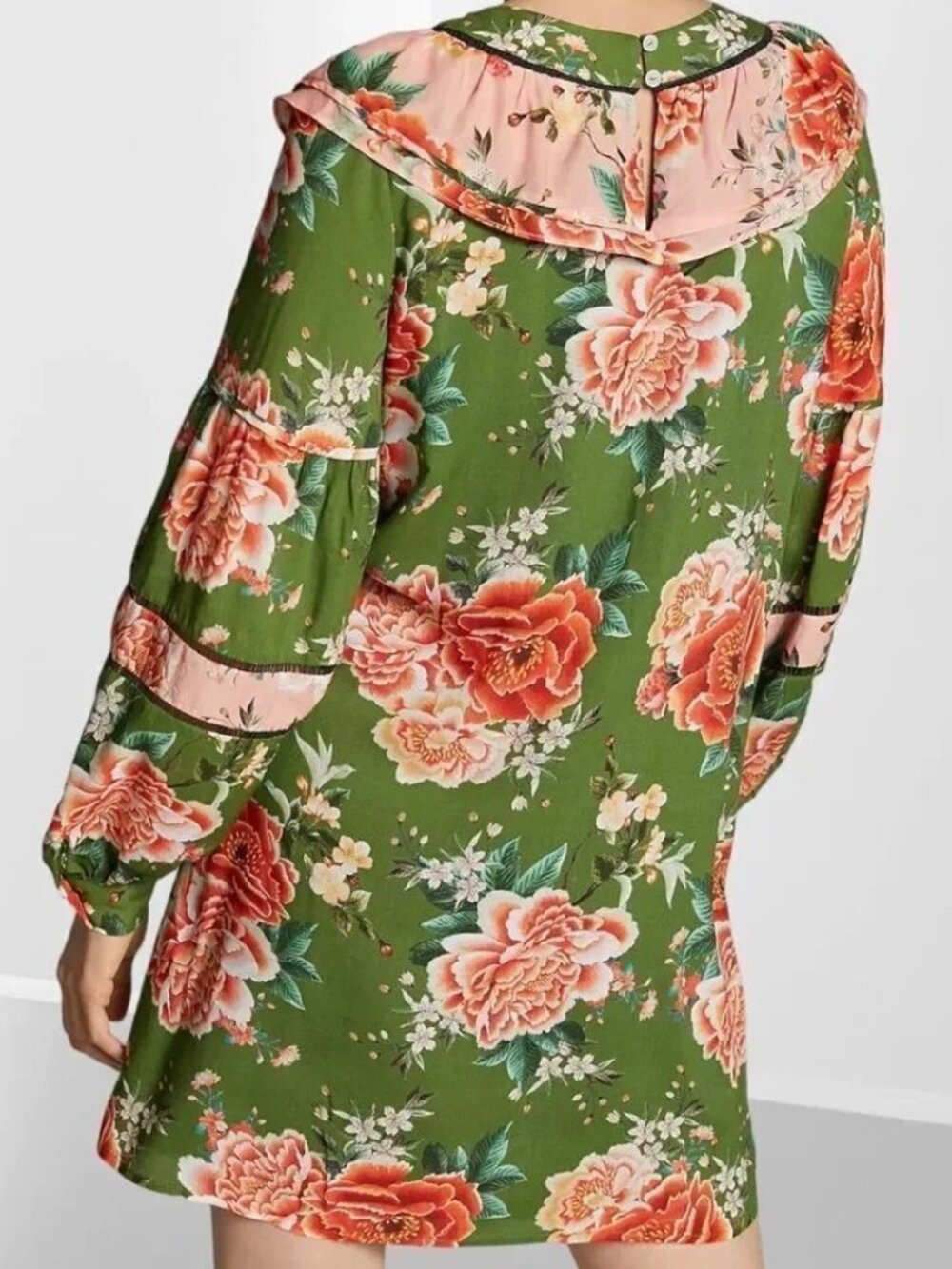 Anthropologie FARM RIO Elinor Floral Green & Peach Ruffle Colorful Tunic Dress - Picture 4 of 12